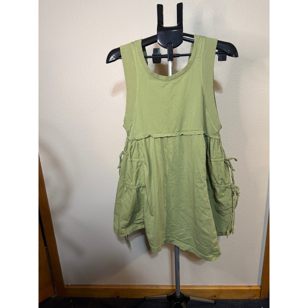 Anthropologie Green Cotton Tiered Drawstring Side Mini Dress Size M Sleeveless